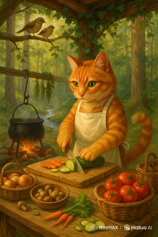 Anthropomorphic Cat Chef Prepares Vegetables in Rustic Kitchen – AI Generated Video | Hailuo AI