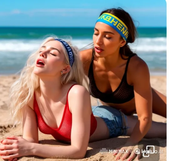 Animated Beach Scene: Woman Dominates Another with Hair and Embrace – AI Generated Video | Hailuo AI