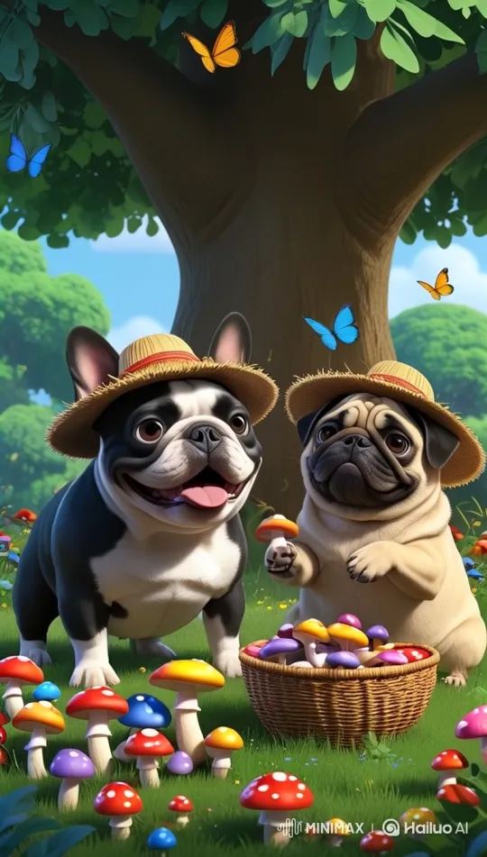 Animated French Bulldogs and Pug Enjoy Mushroom Dance – AI Generated Video | Hailuo AI