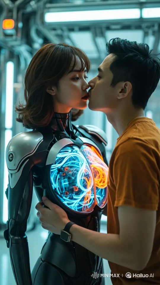 Romantic Encounter Between Mechanician and Humanoid in High-Tech Setting – AI Generated Video | Hailuo AI