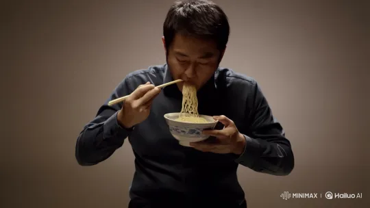 Man Eats Noodles, Then Explosively Launches into Air – AI Generated Video | Hailuo AI