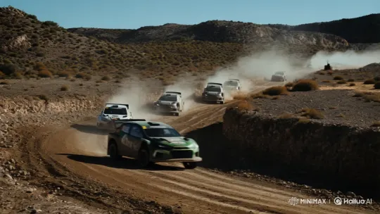 Intense Rally Race Through Dusty Terrain – AI Generated Video | Hailuo AI