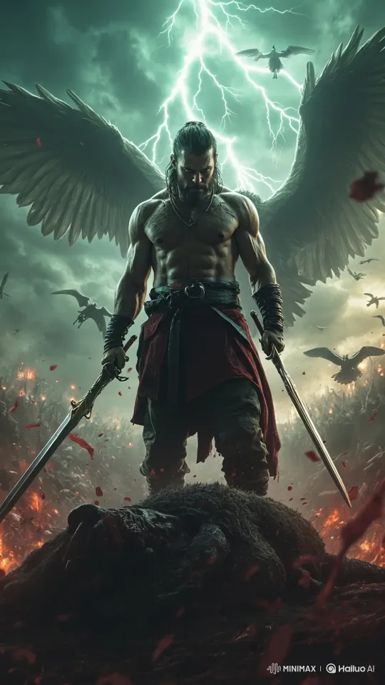 Winged Warrior Triumphs Over Beast in Fiery Battle – AI Generated Video | Hailuo AI