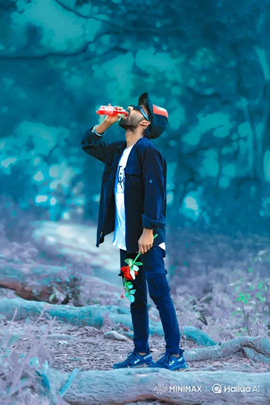 Young Man Drinks in Forest with Rose, Captivating Color Grade – AI Generated Video | Hailuo AI