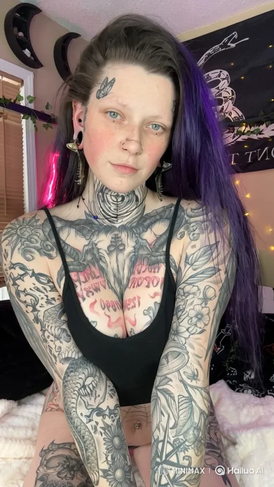 Tattooed Woman in Cozy Room Reveals Smile – AI Generated Video | Hailuo AI