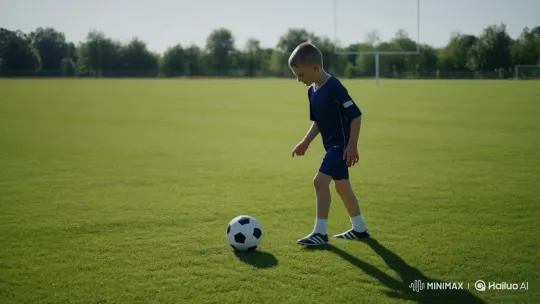 Boy Enthusiastically Plays Football on a Green Field – AI Generated Video | Hailuo AI