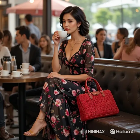 Elegant Woman Sips Coffee in Bustling Café – AI Generated Video | Hailuo AI