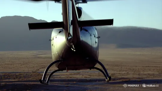 Helicopter Hover and Departure Over Open Landscape – AI Generated Video | Hailuo AI