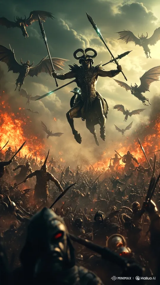Colossal Centaur Commander Leads Fiery Battlefield Chaos – AI Generated Video | Hailuo AI