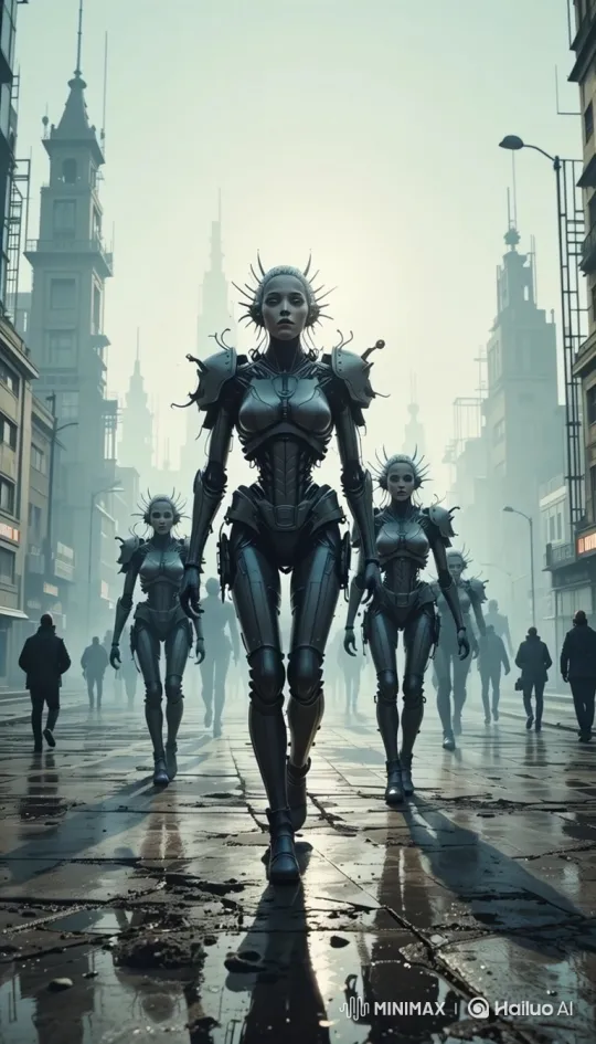 Female Androids March Through Foggy Cityscape – AI Generated Video | Hailuo AI