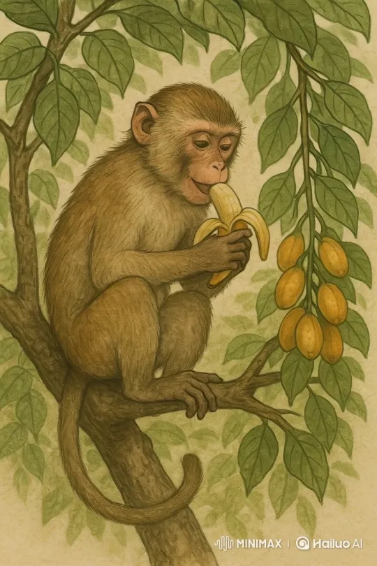 Content Monkey Enjoying Banana in Peaceful Tree Setting – AI Generated Video | Hailuo AI