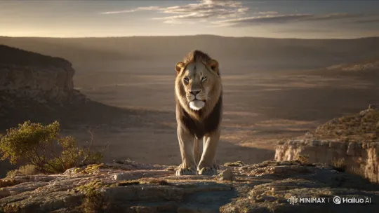 Male Lion Roars from Rocky Cliff Overlooking Plain – AI Generated Video | Hailuo AI