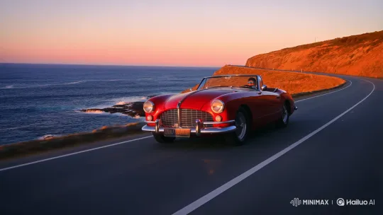 Vintage Convertible Cruises Coastal Highway at Sunset – AI Generated Video | Hailuo AI
