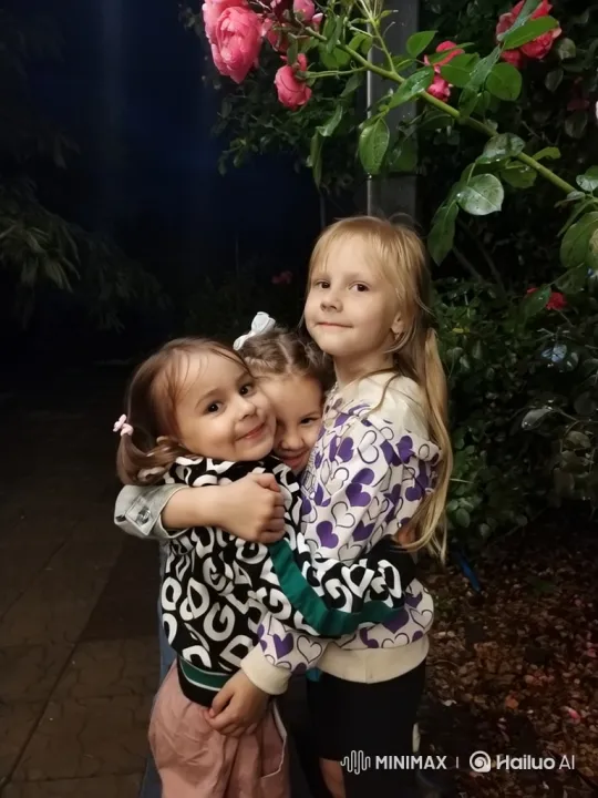 Three Girls Share Joyful Group Hug Outdoors – AI Generated Video | Hailuo AI