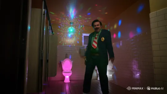 Italian Man Dancing in Disco-Style Public Restroom – AI Generated Video | Hailuo AI