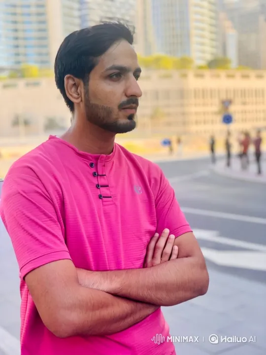 Man in Pink Shirt Observes City Life and Sports Car – AI Generated Video | Hailuo AI