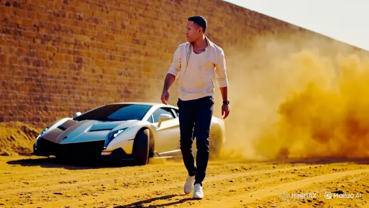 Man Drives Futuristic Lamborghini in Desert Landscape – AI Generated Video | Hailuo AI