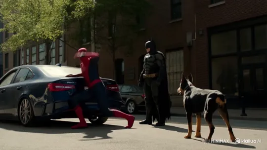 Spider-Man Throws Car at Doberman with Batman Watching – AI Generated Video | Hailuo AI