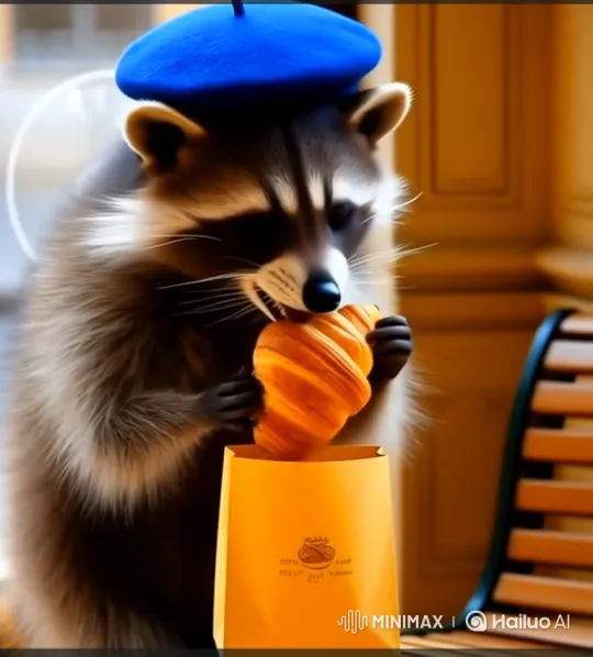 Raccoon Delights in Croissant on Bench – AI Generated Video | Hailuo AI