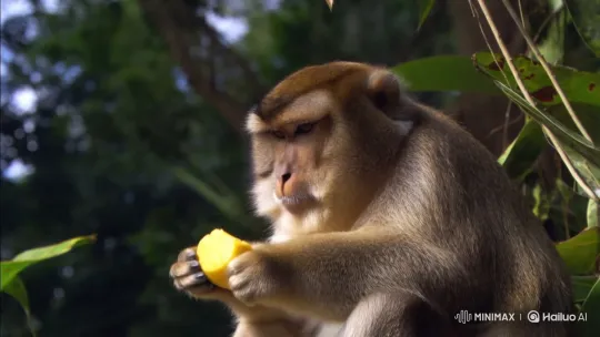 Monkey Somji Enjoying a Mango in the Jungle – AI Generated Video | Hailuo AI