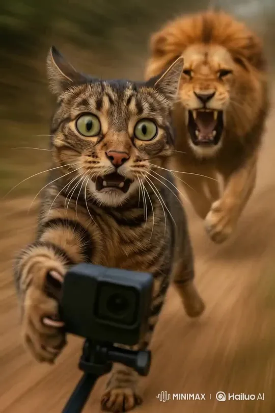 Cat Fleeing Lion Pursuit Recorded by Selfie Video – AI Generated Video | Hailuo AI