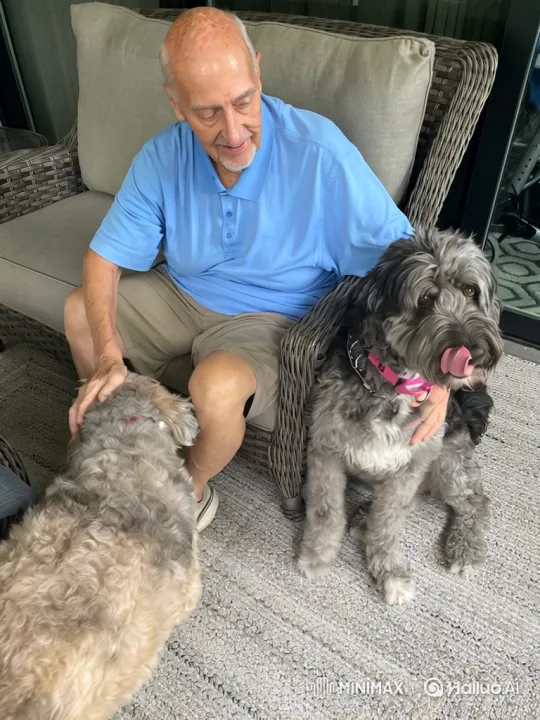 Elderly Man Affectionately Pets Dogs, Then Jogs in Park – AI Generated Video | Hailuo AI