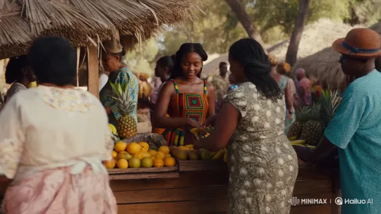 African Woman Joyfully Sells Fruits at Bustling Market – AI Generated Video | Hailuo AI