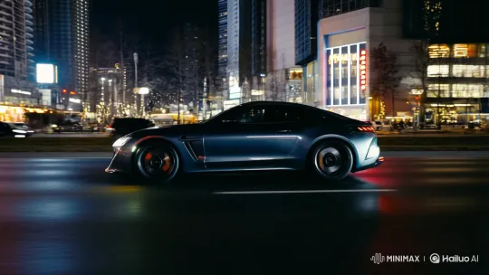 Night Drive: Dark Car Glides Through Neon Cityscape – AI Generated Video | Hailuo AI