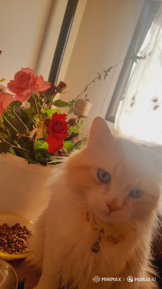 Cream Cat Admires Roses, Expresses Contentment – AI Generated Video | Hailuo AI