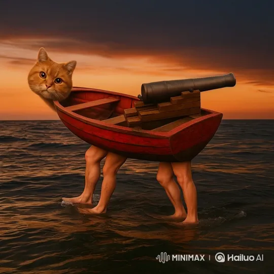 Surreal Cat-Boat Creature Fires Cannon on Sea at Sunset – AI Generated Video | Hailuo AI