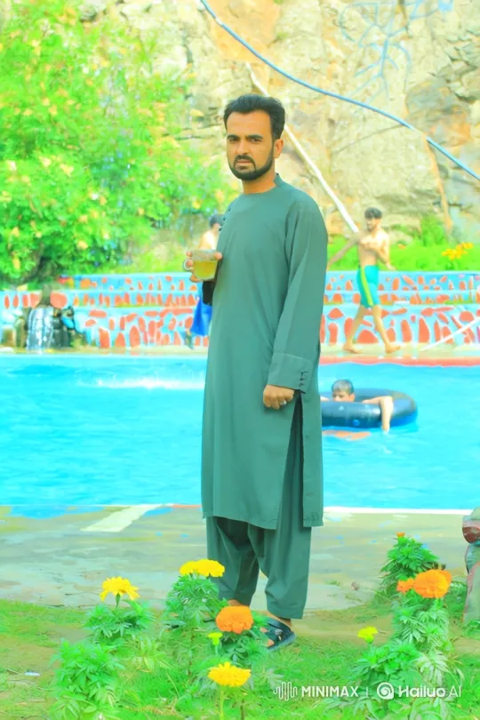 Man in Green Tunic Observes Poolside Scene – AI Generated Video | Hailuo AI