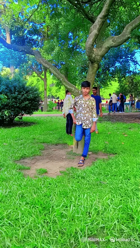 Young Man Admires Blue Yamaha R15 in Verdant Park – AI Generated Video | Hailuo AI