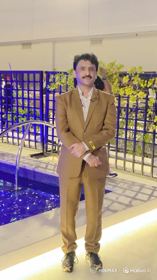 Man in Brown Suit Stands by Pool in Evolving Camera Shot – AI Generated Video | Hailuo AI