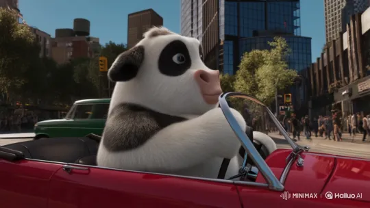 Fluffy Cow Skillfully Drives Convertible in City – AI Generated Video | Hailuo AI