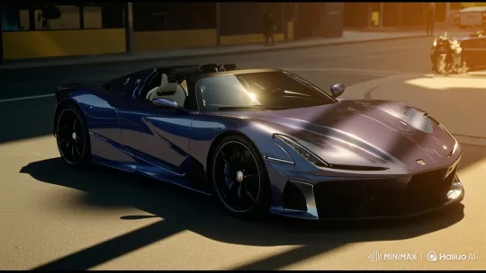 Golden Hour Drive: Luxurious Convertible Glides Through Cityscape – AI Generated Video | Hailuo AI