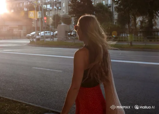 Woman Sprints Dangerously Across Busy Street at Sunset – AI Generated Video | Hailuo AI