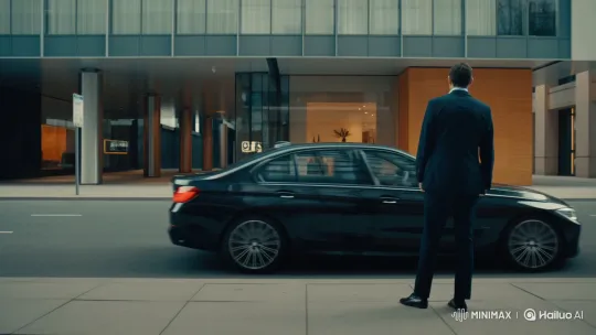 Person Gets into BMW and Drives Away on City Sidewalk – AI Generated Video | Hailuo AI