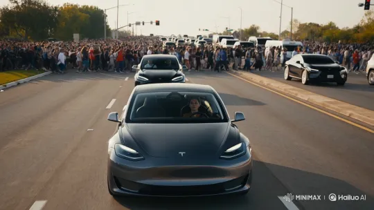 Tesla Leads Massive Procession Down Wide Road – AI Generated Video | Hailuo AI