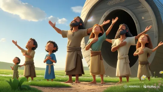 Family Embraces Serenity Amidst Ark in Green Field – AI Generated Video | Hailuo AI