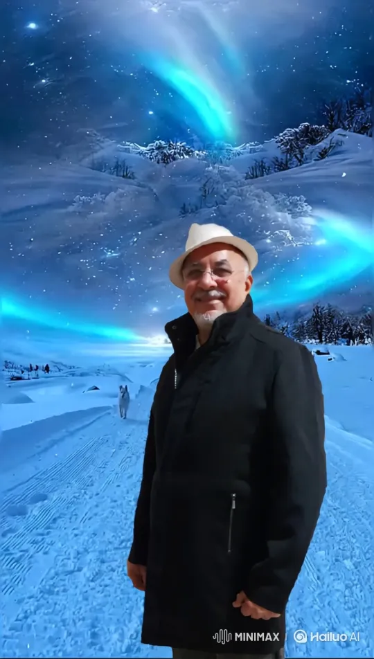 Man Smiles in Snow Amidst Majestic Aurora Borealis – AI Generated Video | Hailuo AI