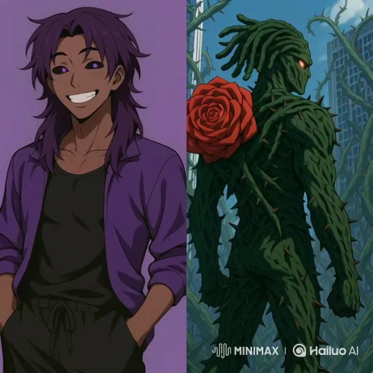 Purple-Haired Man Battles Plant-Like Being in Forest Standoff – AI Generated Video | Hailuo AI