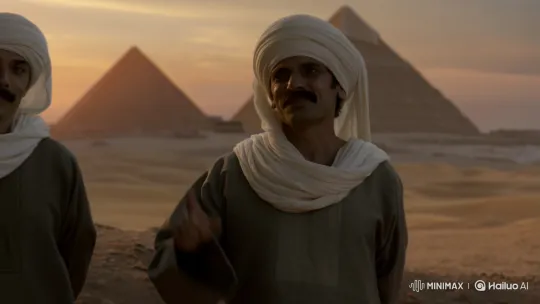 Two Sa'idi Men Humorously Chat in Front of Giza Pyramids at Sunset – AI Generated Video | Hailuo AI