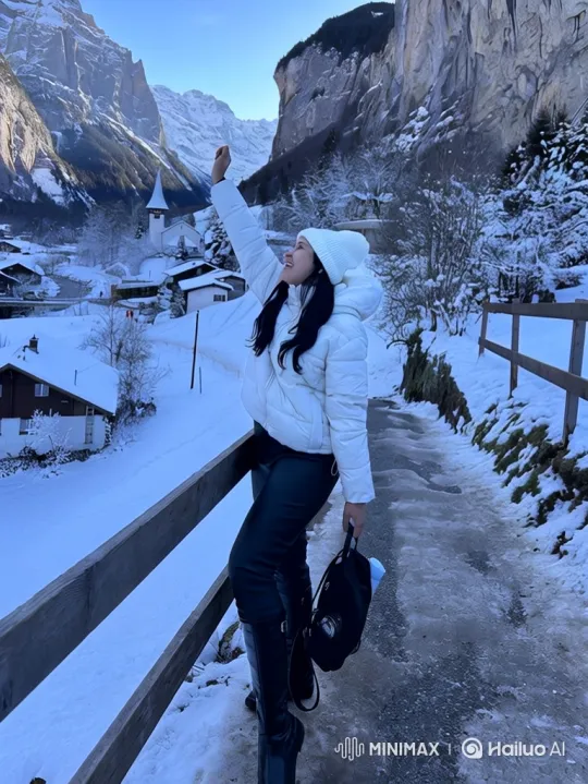 Woman Celebrates in Snowy Mountain Valley, Earth from Space – AI Generated Video | Hailuo AI