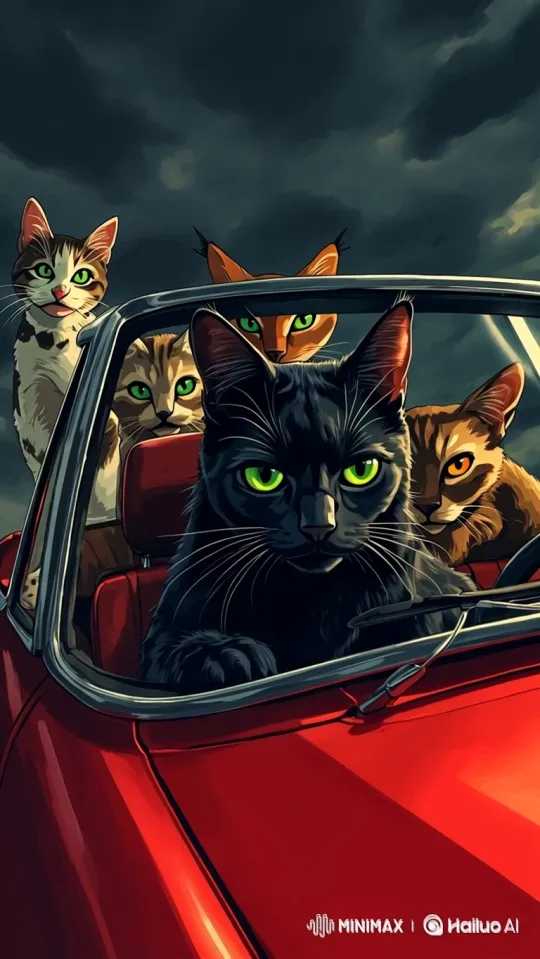 Five Cats in a Vintage Convertible Under Stormy Skies – AI Generated Video | Hailuo AI