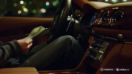 Luxury Car Interior: Person Holds Thick Stack of Cash – AI Generated Video | Hailuo AI