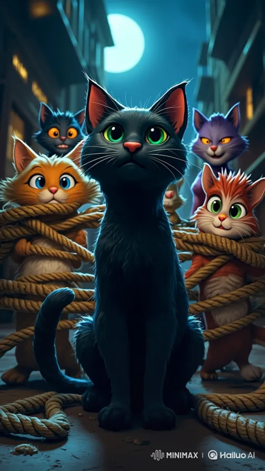 Stylized Cats in Dark Alley Await Mysterious Event – AI Generated Video | Hailuo AI