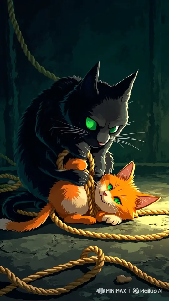 Tense Play: A Black Cat Supervises a Bound Kitten – AI Generated Video | Hailuo AI