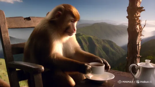 Indian Hill Station: Tea-Sipping Macaque – AI Generated Video | Hailuo AI