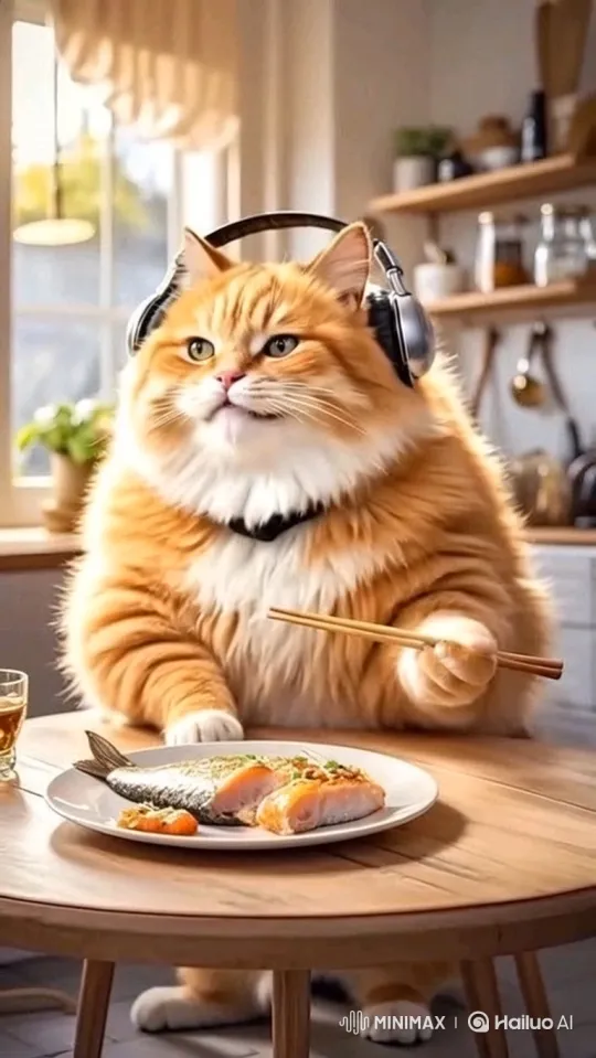 Fluffy Cat Enjoys Salmon with Chopsticks in Cozy Kitchen – AI Generated Video | Hailuo AI