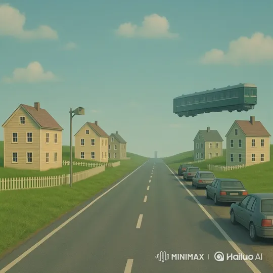 Surreal Landscape with Floating Train and Departing Car – AI Generated Video | Hailuo AI